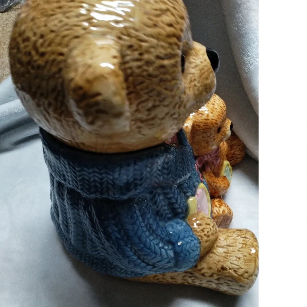 Cresco China Teddy Bear Mother and‎ Cub Ceramic Cookie Jar Blue Sweater